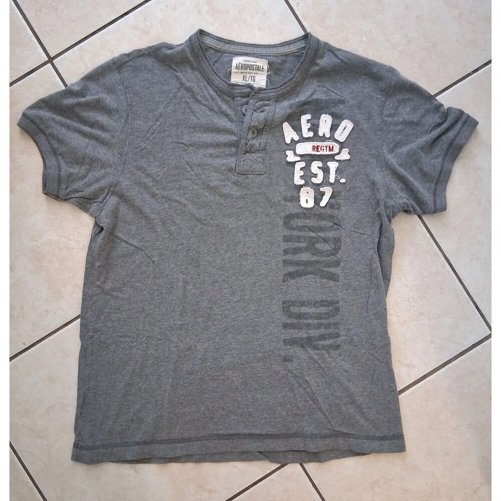 Y2K Aeropostale Mens Henley T-shirt XL Gray Preppy Skater Aero NY Embroidered